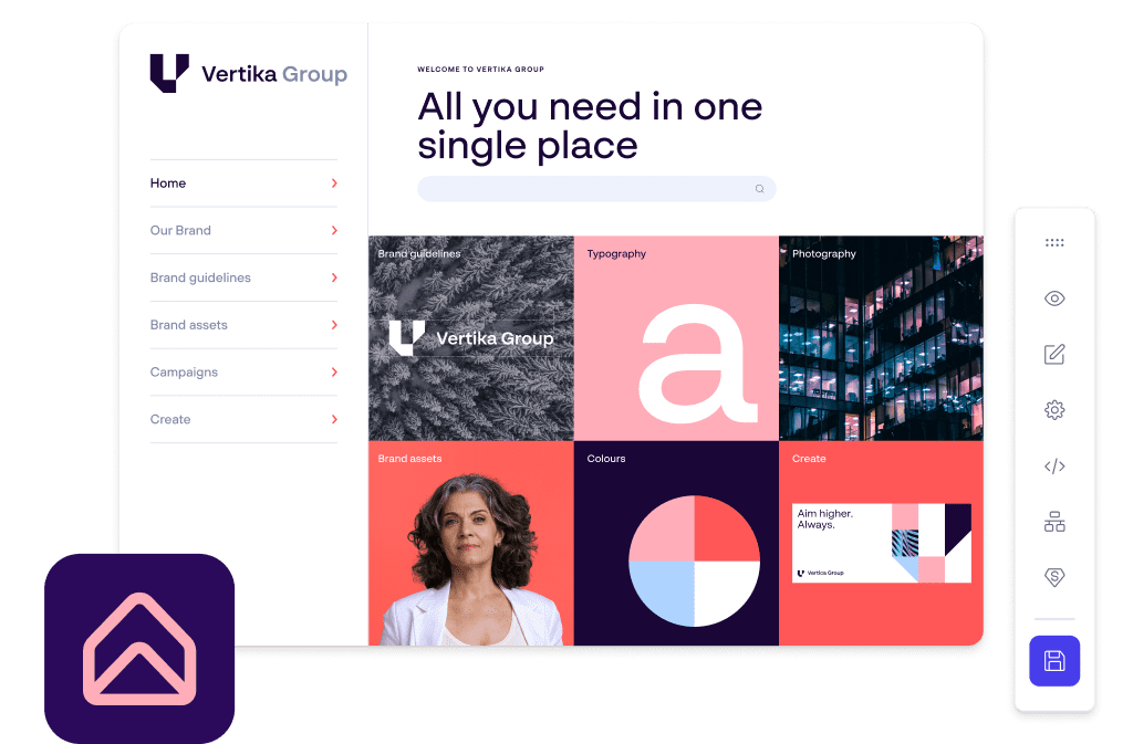 Centralized brand hub interface displaying guidelines, assets, and tone of voice examples to ensure consistent brand application across teams