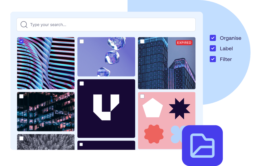 Illustration of a central dashboard interface organizing folders and tags for digital assets, symbolizing brand cost-optimization through efficient asset management