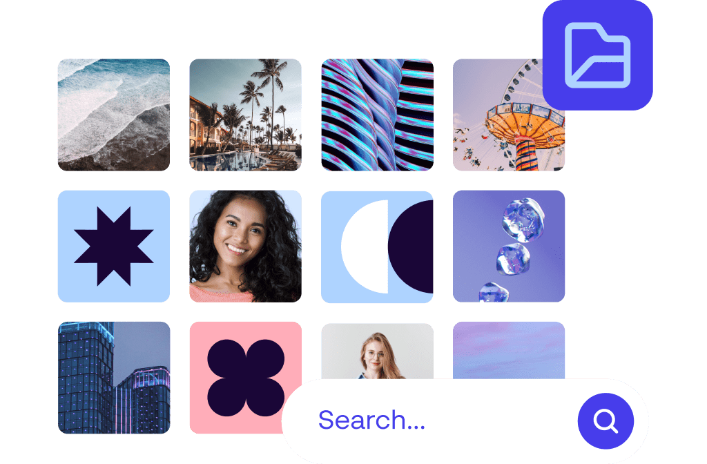 Visual grid of branded images and people with folder icon and search bar for managing internal content centrally.