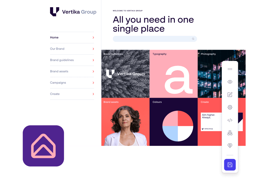 Brand portal showing brand tiles, menu, and tone of voice examples for consistent employer branding