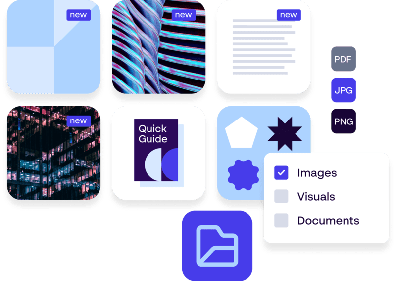 Organized digital folders with file previews and filters for images, visuals, and documents, ensuring teams access only approved on-brand assets