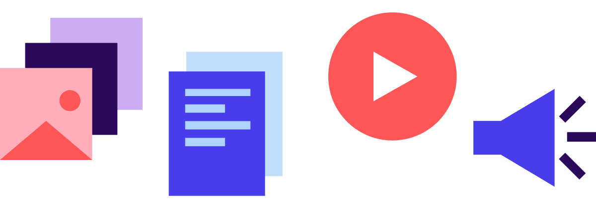 Visual assets including images, documents, video, and audio representing digital asset management content types