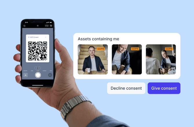 User scans QR code to review GDPR-tagged image assets and manage consent.