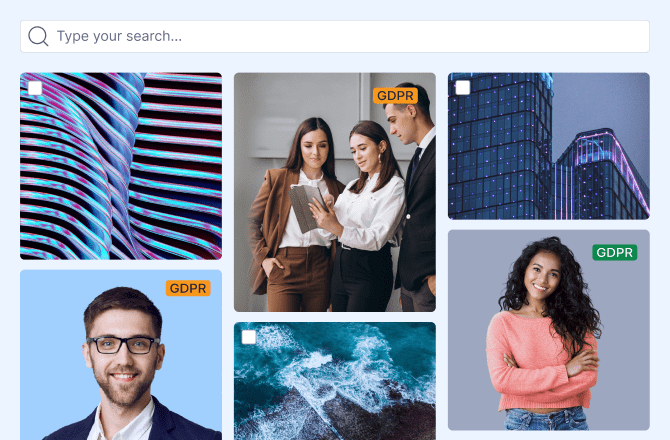 Search results displaying media assets with GDPR tags across various formats.