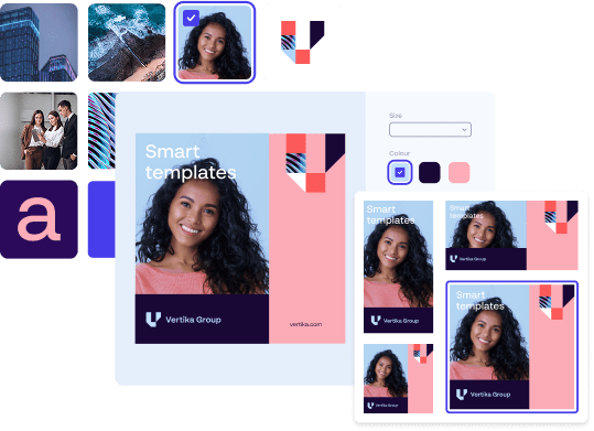 A template creation interface with customizable design options for content like ads and banners, showing smart controls for layout and branding.