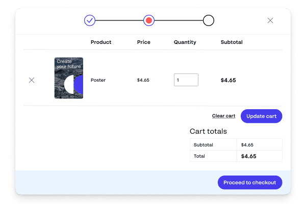 Checkout screen showing a poster order with product image, quantity, price, and progress tracker.