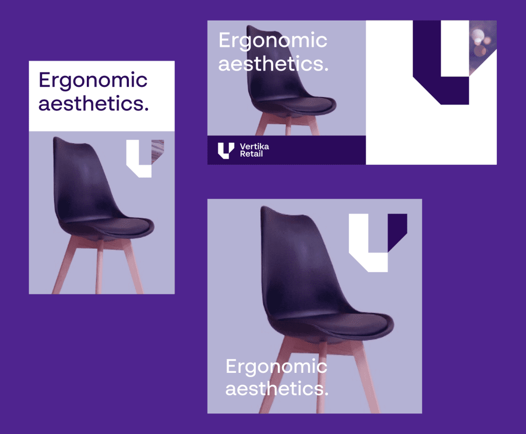 Retail chair campaign shown across branded templates, illustrating consistent omnichannel execution and content reuse at scale.