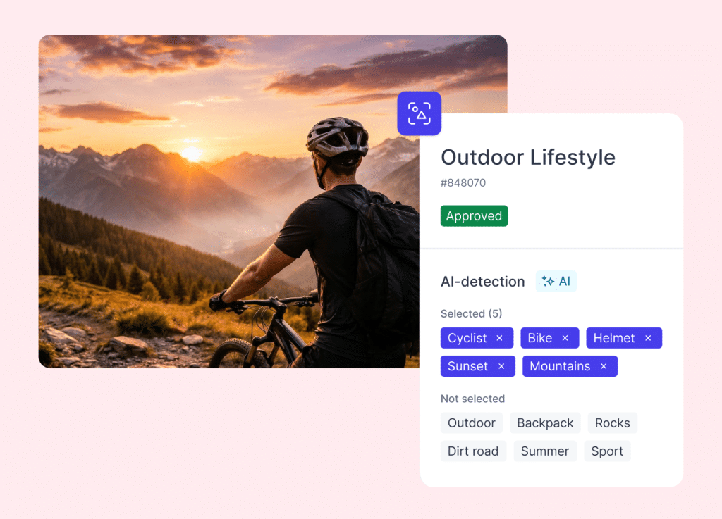 Papirfly AI-automatisk taggning av digitala tillgångar och tillämpning av metadata på en mountainbikebild.