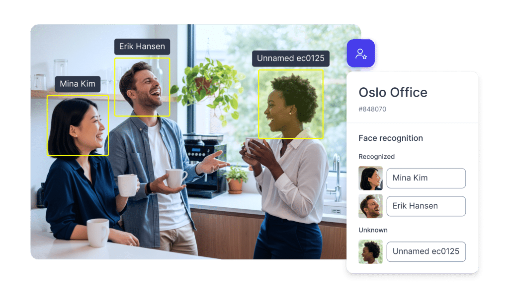 Papirfly AI-ansiktsigenkänning som identifierar personer på en arbetsplatsbild för hantering av digitala tillgångar.