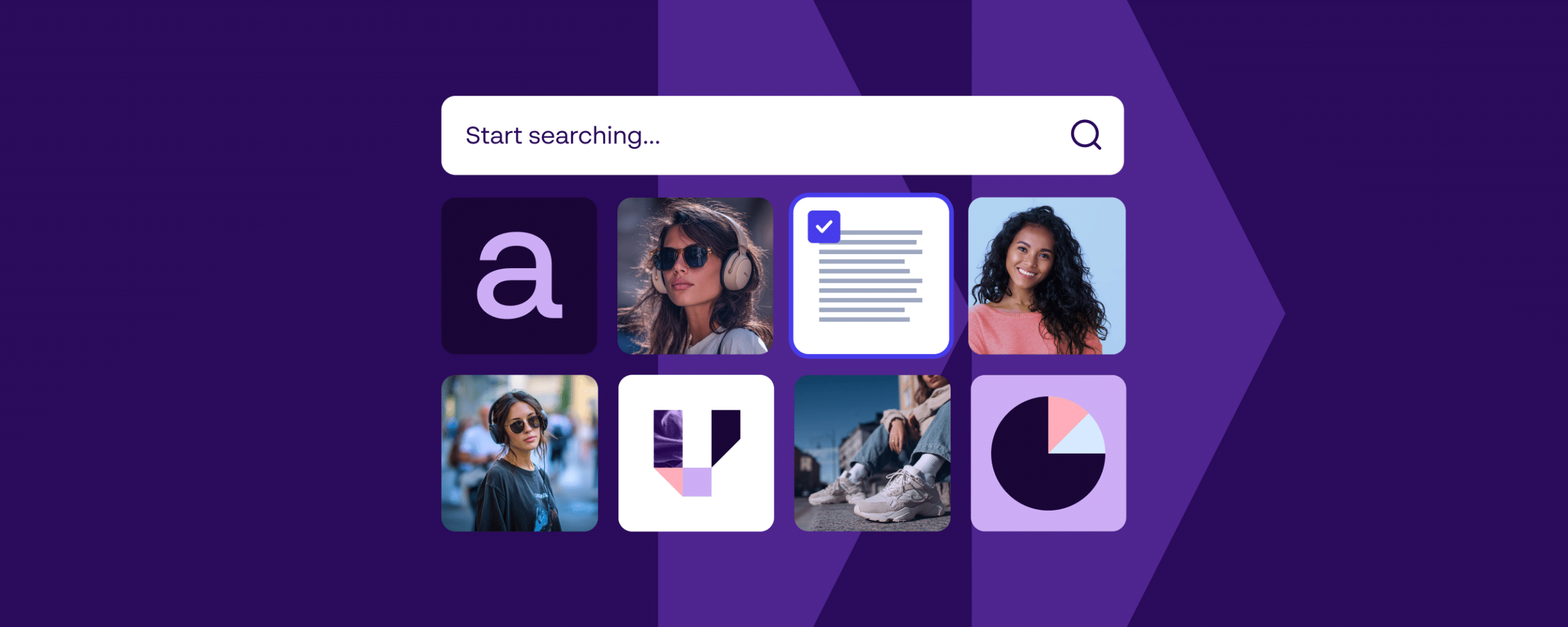 Search bar above organized grid of digital assets and profiles, representing best content operations software for managing and accessing content.