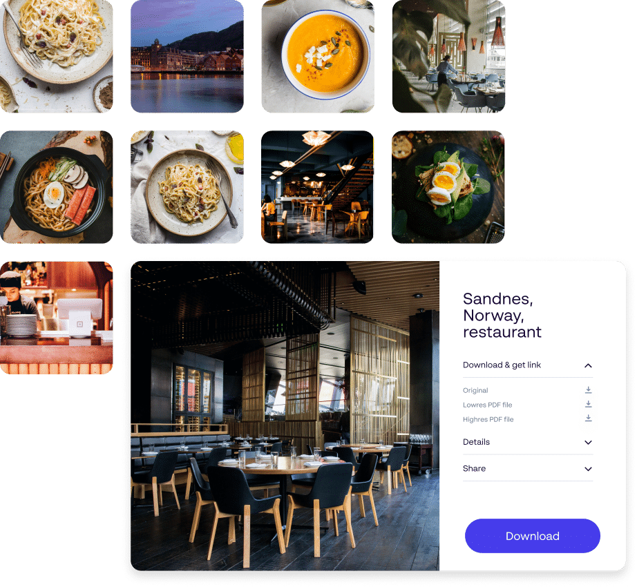Digital Asset Management platform organizing restaurant brand assets for franchise marketing across multiple locations.