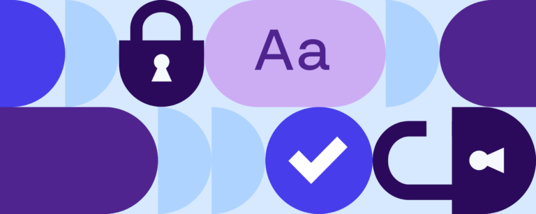 Abstract illustration with lock, typography, checkmark, and unlock icons representing secure, brand-controlled Figma design templates.