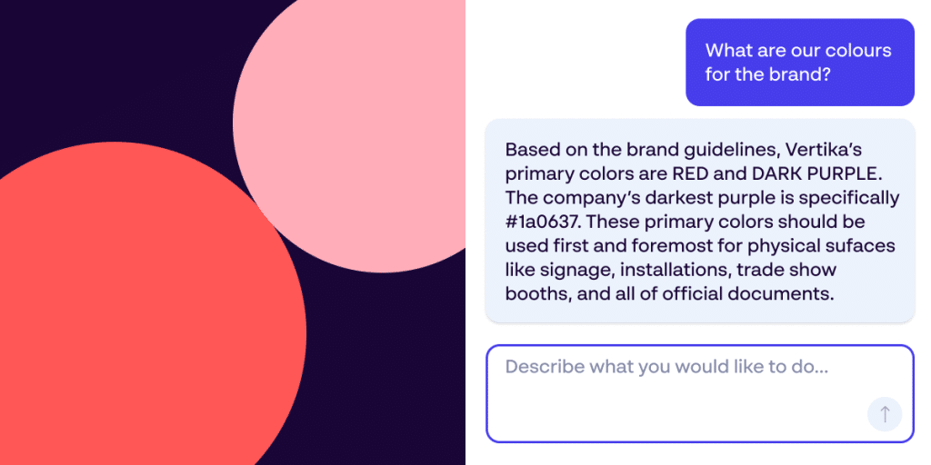 AI brand assistant answering a question about brand colors using approved brand guidelines inside a brand portal.