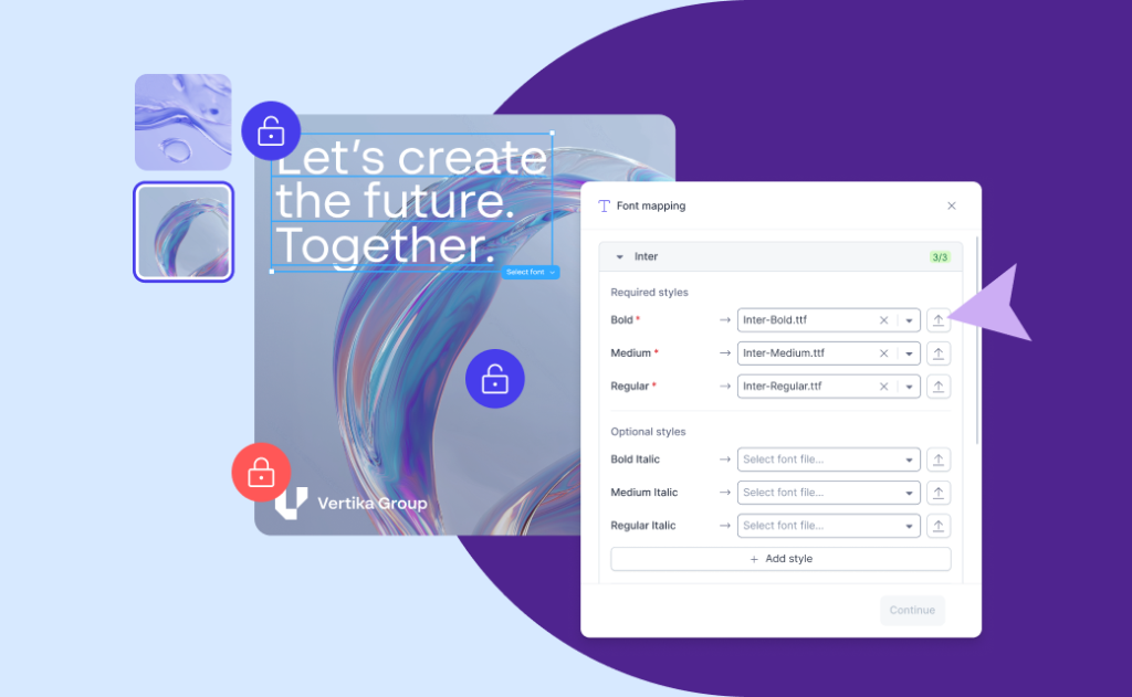 Figma design templates interface showing font mapping and locked brand elements for consistent content creation across teams.