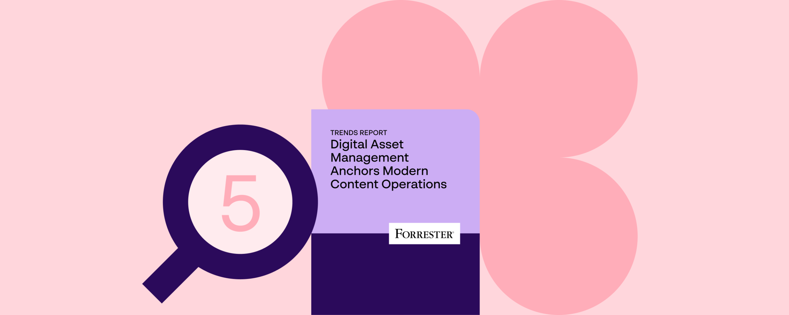 Forrester trends report cover titled "Digital Asset Management Anchors Modern Content Operations," beside a magnifying glass framing the number 5