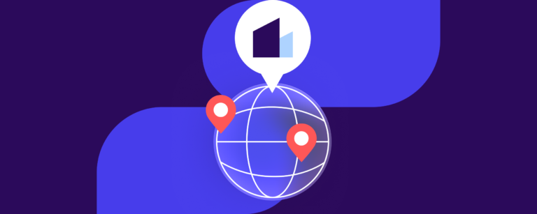 Two-building icon in a speech bubble above a globe with location pins, illustrating franchise social media
