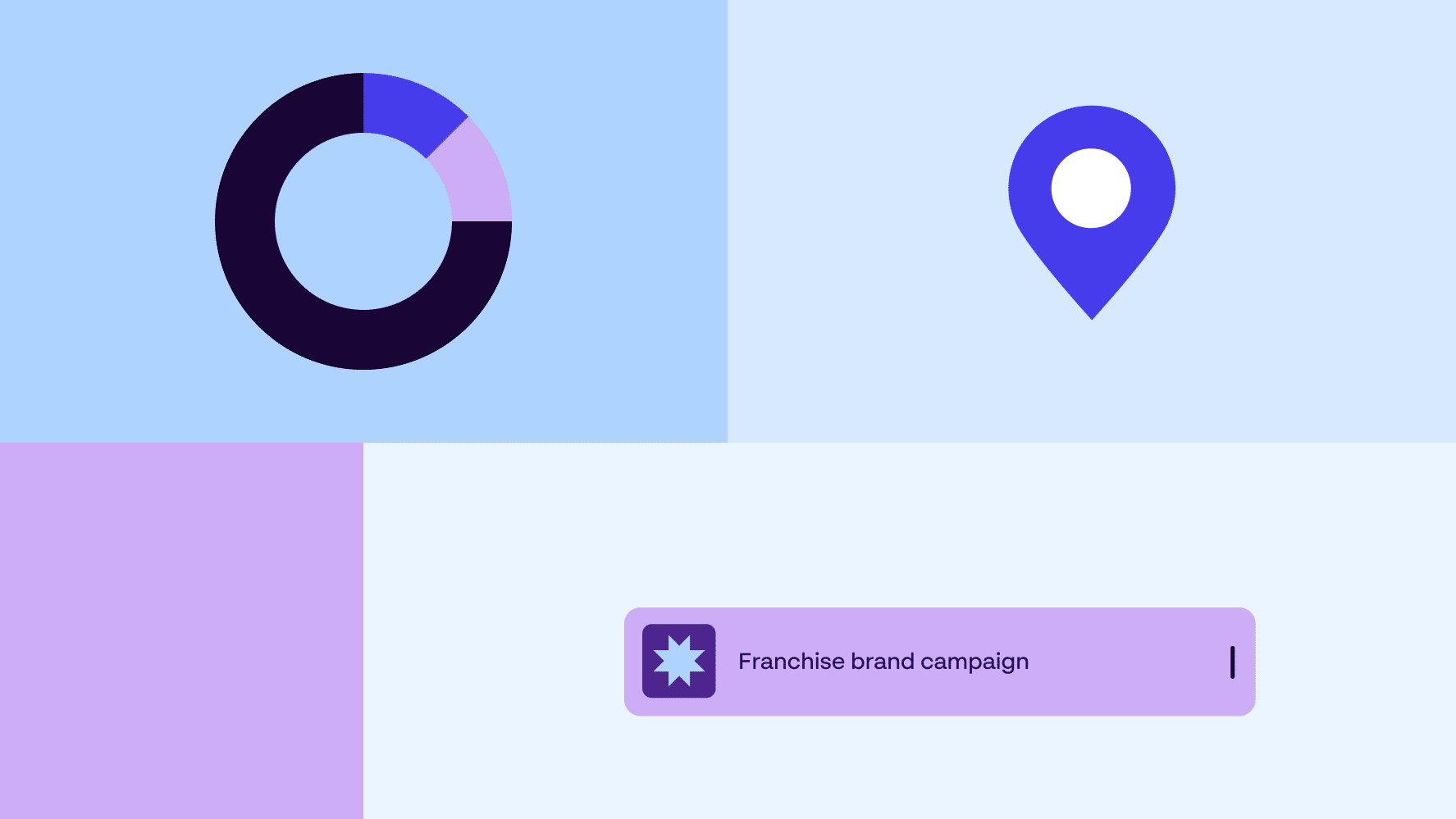 Local marketing icons representing brand governance, campaign performance, location targeting, digital assets, and franchise campaigns.