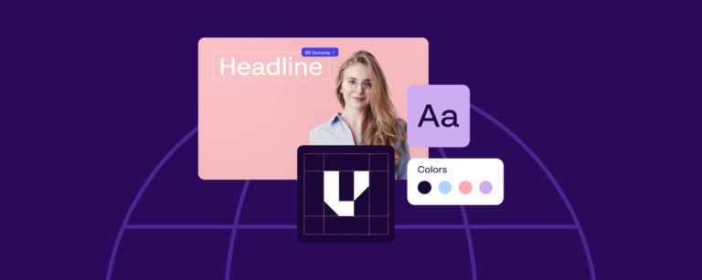 Editable brand template with headline, font, color palette and logo over a globe, supporting brand governance in local marketing